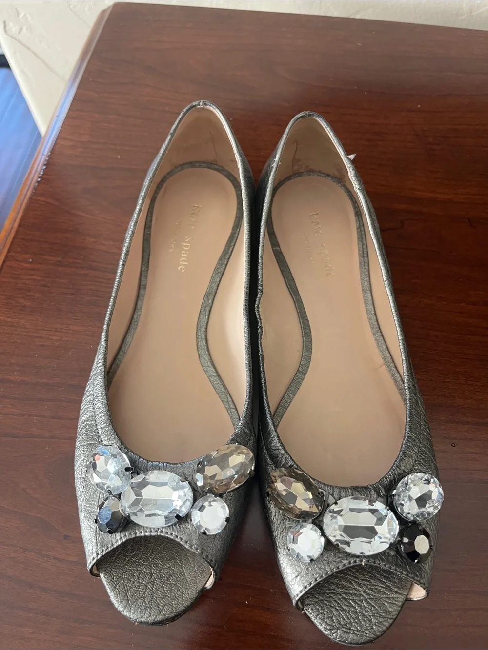 Kate Spade Silver Jeweled Peep-Toe Flats